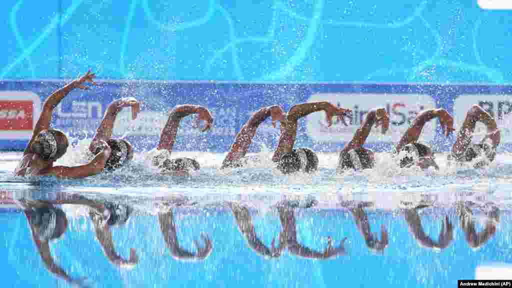 The Ukrainian team competes in the women&#39;s team technical final of artistic swimming at the European swimming championships in Rome.