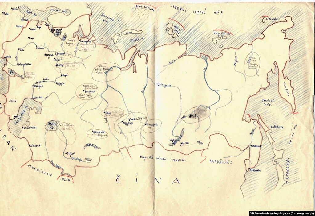 Hartă care arată locul și numărul prizonierilor cehoslovaci în sistemul gulagului din întreaga U.R.S.S.
