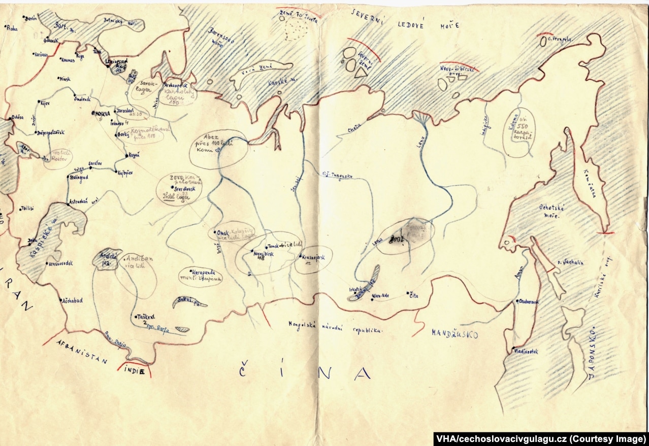 A map showing locations and numbers of Czechoslovak prisoners in the gulag system across the U.S.S.R.