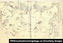 Egy térkép, amely a Gulag-rendszerben lévő csehszlovák foglyok helyét és számát mutatja az Szovjetunióban