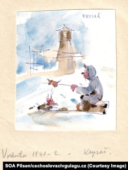 An illustration of a gulag prisoner roasting a rodent. The Czech word at top right means “ratcatcher.” The illustration is from the memoirs of Vladimir Levora, a Czech artist who was sentenced to three years in the gulag for illegal border crossing. He died in the Czech Republic in 1999, aged 78.