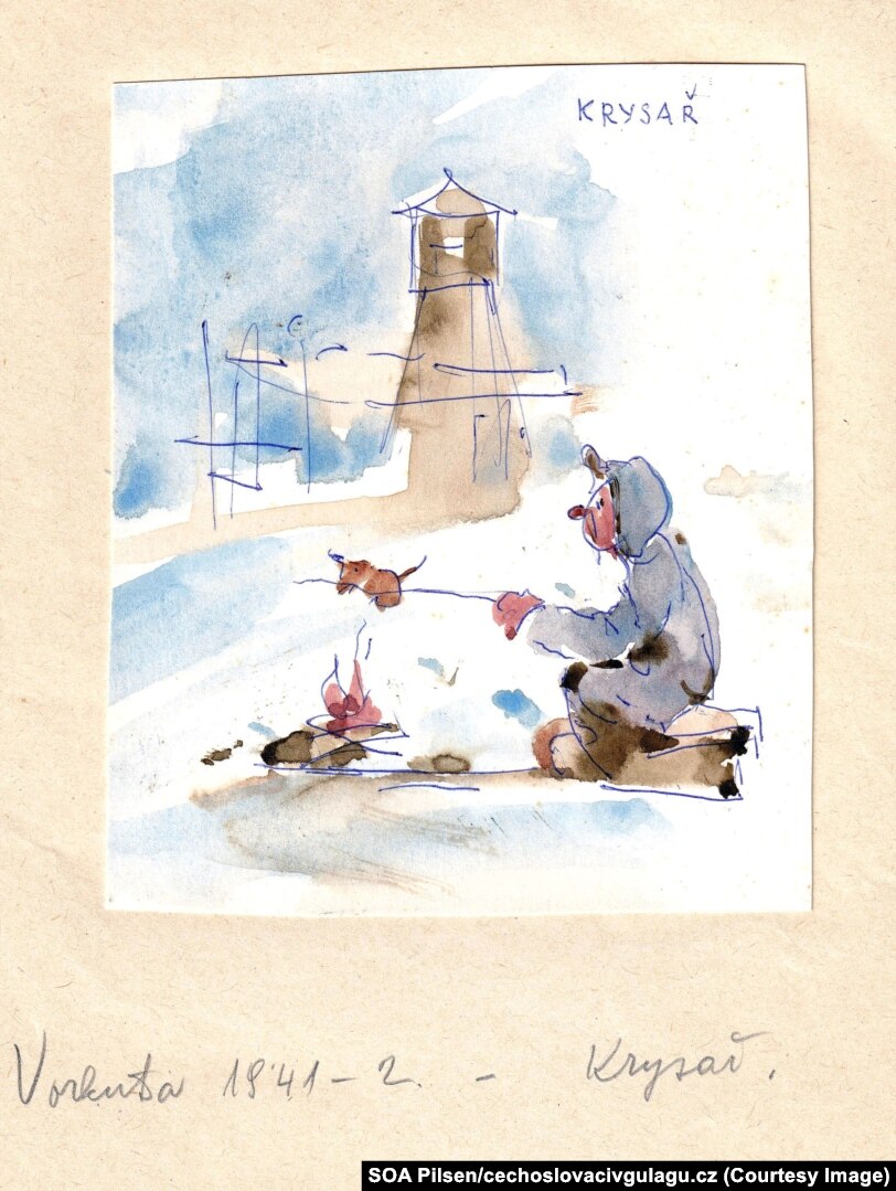 An illustration of a gulag prisoner roasting a rodent. The Czech word at top right means “ratcatcher.” The illustration is from the memoirs of Vladimir Levora, a Czech artist who was sentenced to three years in the gulag for illegal border crossing. He died in the Czech Republic in 1999, aged 78.