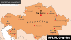 Казакстандын нааразылык өтүп жаткан аймактары. "Азаттыктын" орус кызматынын инфографикасы.