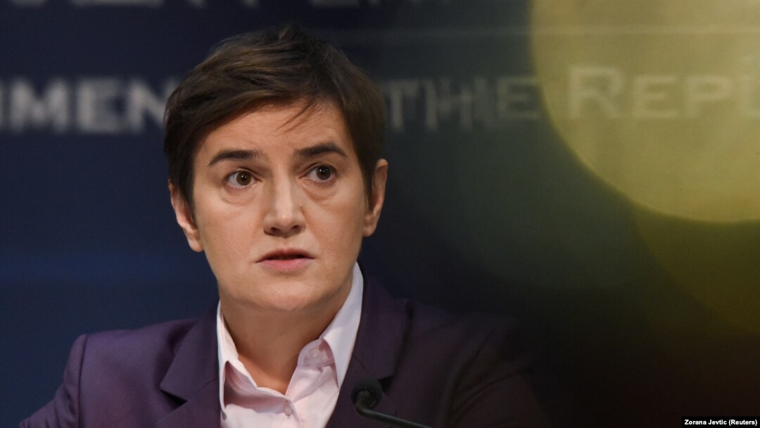 Serbian Prime Minister Ana Brnabic speaks during a news conference on January 20 to announce that plans for the lithium mine have been dropped.