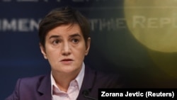 Serbian Prime Minister Ana Brnabic speaks during a news conference on January 20 to announce that plans for the lithium mine have been dropped.