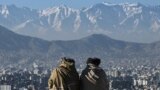 Members of the Taliban sit overlooking the Kabul city at the Wazir Akbar Khan hill in Kabul on January 20, 2022. 22potw03