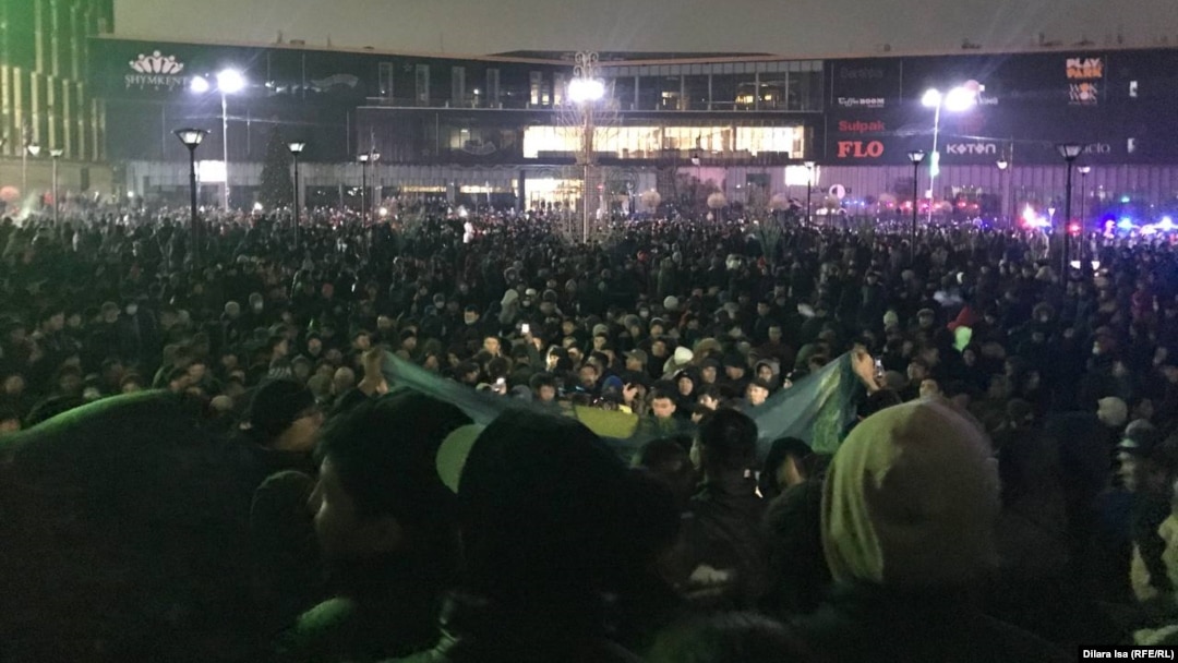 Protesters rally against the government in Shymkent on January 4.