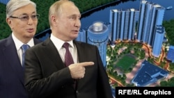 Казахстанският президент Касъм-Жомарт Токаев (вляво), руският президент Владимир Путин и луксозният жилищен комплекс "Маяк" в Русия. Колаж.