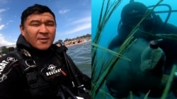 Дайвер убирает мусор со дна озера Иссык-Куль 