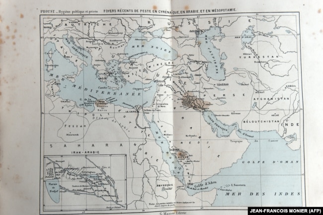 یکی از نقشههای ترسیمی پروست از نقاط شیوع طاعون در جهان که سال ۱۸۷۷ منتشر شد