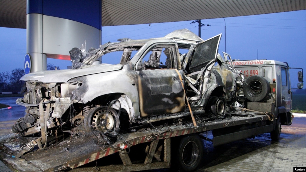 An OSCE member was killed and two were injured when the car they were traveling in drove over a landmine on April 23.