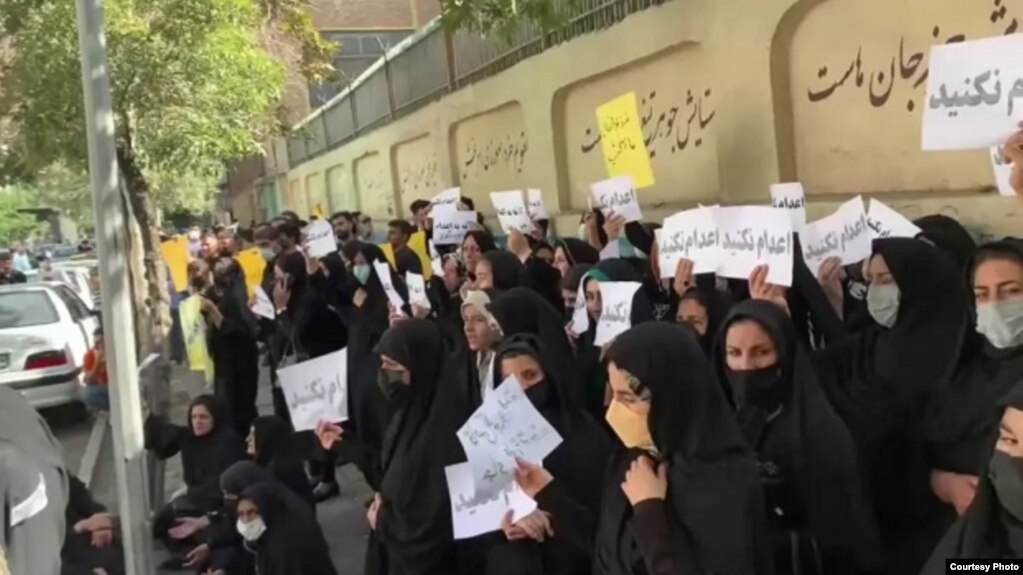 Relatives of people sentenced to death in Iran protest outside the country's judiciary headquarters earlier this week.