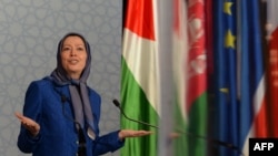 President of the National Council of Resistance of Iran and MEK leader, Maryam Radjavi, speaks during a gathering "All against the misappropriation of Islam" in Saint-Denis, near Paris on August 3, 2013