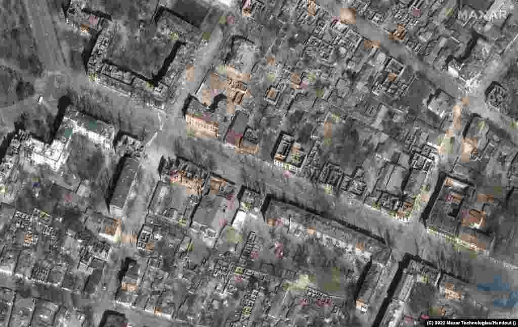 A photo of the same area as above, taken on March 29, which shows widespread destruction.