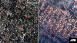 Combinație de fotografii din satelit ale companiei Maxar Technologies arată suburbia Altadena, Los Angeles, pe 6 ianuarie 2025 (s), înainte de incendii și pe 8 ianuarie, in timpul incendiilor.