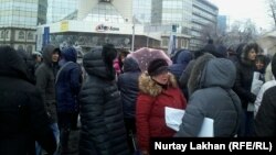 Mortgage holders protest in front of the ATF bank in Almaty on January 16