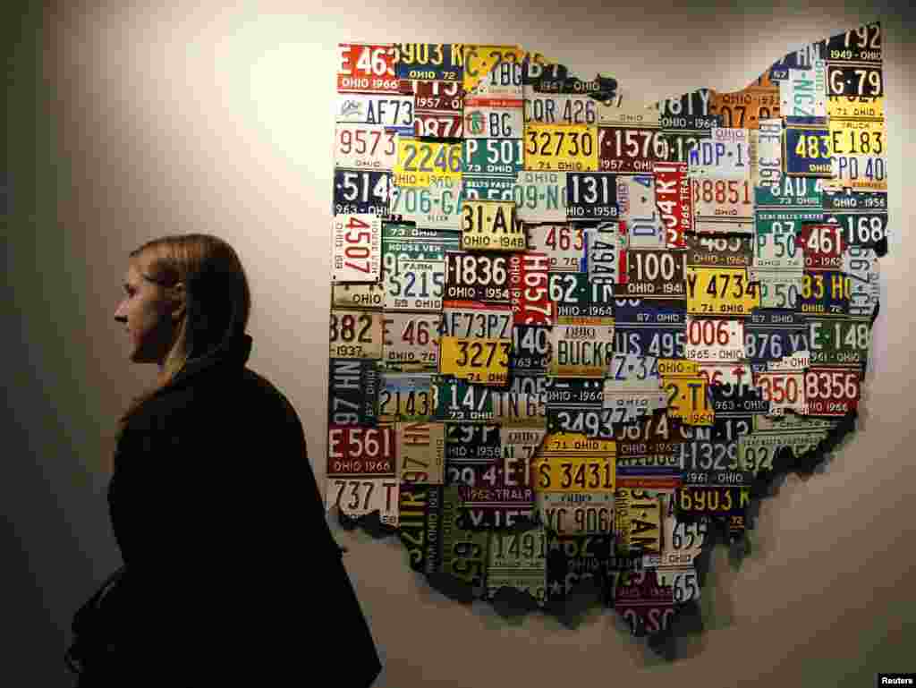 A voter leaves after casting a ballot at Ohio State University in Columbus, Ohio.