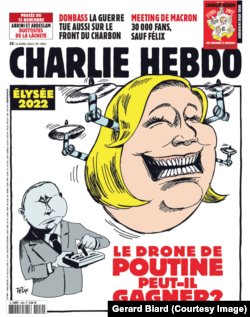 A Charlie Hebdo front cover with Marine Le Pen depicted as a drone of Putin's.