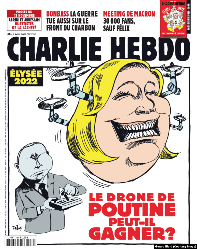 Naslovnica Charlie Hebdoa s Marine Le Pen prikazanom kao Putinov dron.