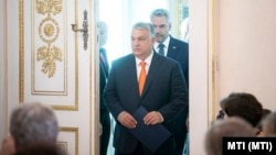 Hungarian Prime Minister Viktor Orban enters a joint press conference with Austrian Chancellor Karl Nehammer during a one-day visit to Austria on July 28.
