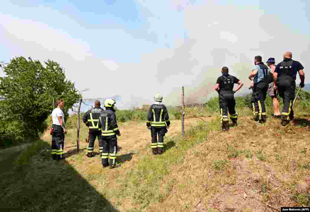 Zjarrfikësit duke diskutuar për veprimet e ardhshme, teksa tymi nga zjarri i egër i afrohej fshatit Novelo, në Slloveni, më 22 korrik.