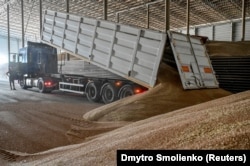 A truckload of grain being poured into a storage shed in the Zaporizhzhya region on July 29.
