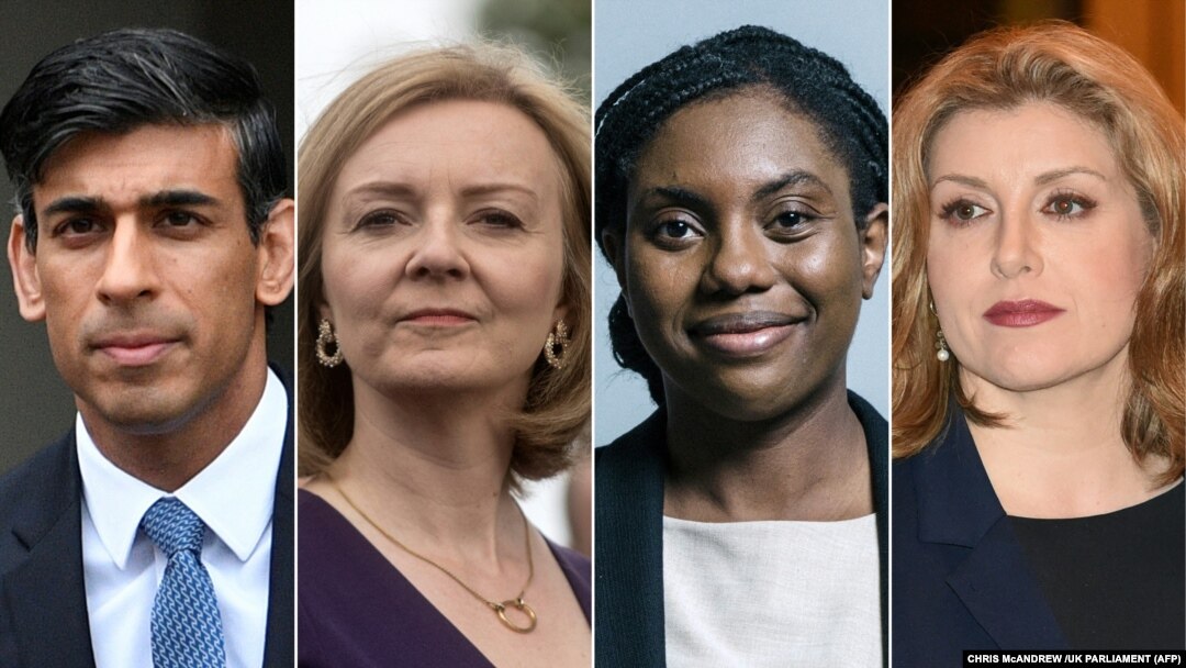 De la stânga la dreapta, cei patru candidați rămași în ultimele două runde de vot din Parlamentul britanic: Rishi Sunak, Liz Truss, Kemi Badenoch și Penny Mordaunt.