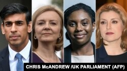 De la stânga la dreapta, cei patru candidați rămași în ultimele două runde de vot din Parlamentul britanic: Rishi Sunak, Liz Truss, Kemi Badenoch și Penny Mordaunt.