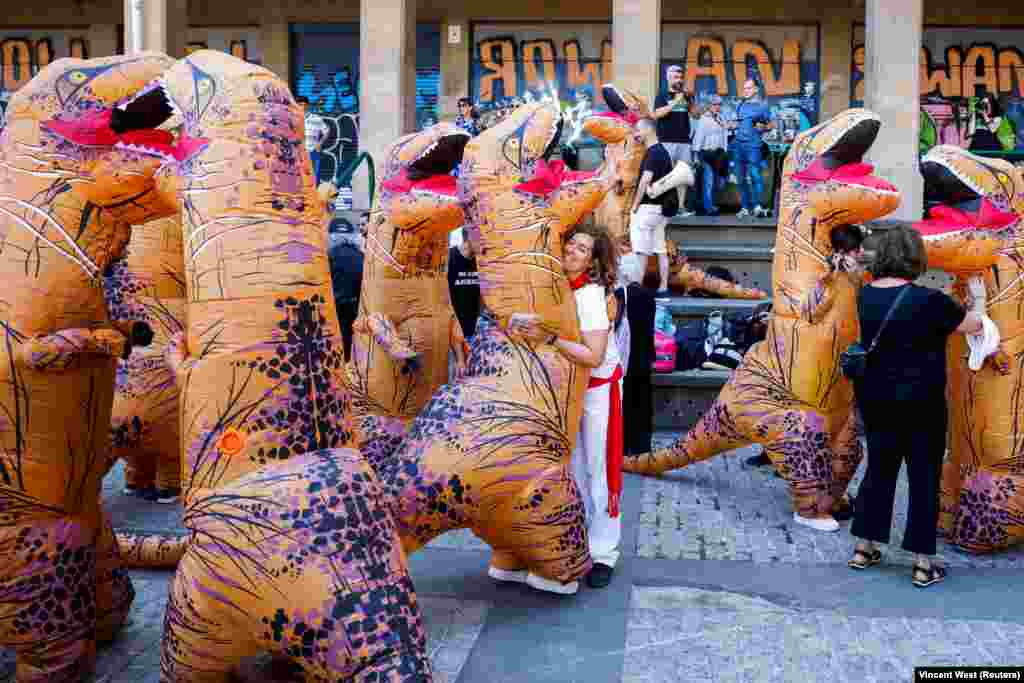 Aktivisti PETA-e i AnimaNaturalisa, obučeni u dinosauruse, učestvuju u demonstracijama protiv borbe bikova, dan prije početka festivala San Fermin u Pamploni, Španija, 5. juli.
