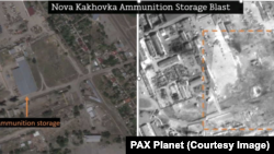 Ուկրաինա - Նովայա Կախովկայում զինապահեստը հրթիռակոծությունից առաջ և հետո, արբանյակային լուսանկարներ, 12-ը հուլիսի, 2022թ.