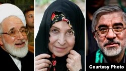 از راست به چپ؛ میرحسین موسوی، زهرا رهنورد، مهدی کروبی که از آن‌ها با عنوان رهبران جنبش سبز نام برده می‌شود