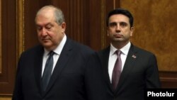 Armenia - President Armen Sarkissian (left) and parliament speaker Alen Simonian arrive for a special session of the National Assembly, Yerevan, August 2, 2021.