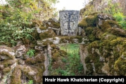 A small khachkar above an entranceway in the ruined Mokhrenis Church in the Hadrut region of Azerbaijan.