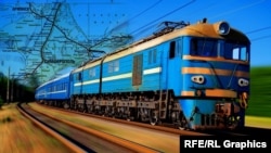 Колаж. Потяг «Укразалізниці», на тлі карта Криму