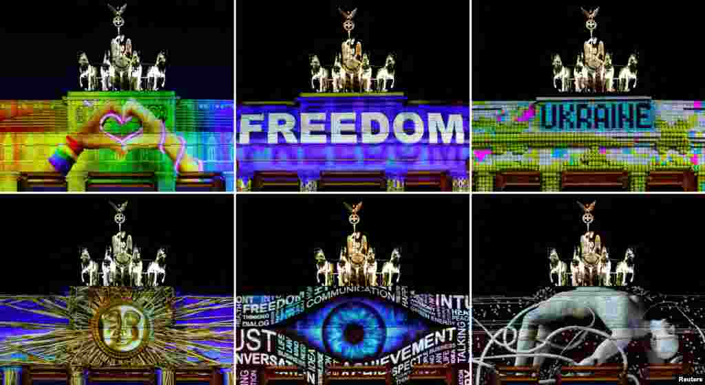 Skup fotografije Brandenburške kapije sa šest različitih laserskih projekcija tokom Festivala svjetla uprkos mjerama štenje energije, u Berlinu, Njemačka, 16. oktobar.