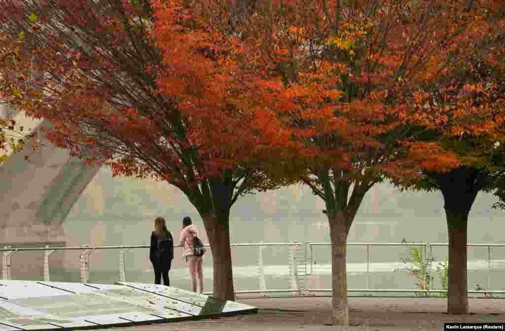 Nën pemët plot gjethe kuqërreme, dy gra duke shikuar nga lumi Potomak, në Uashington, SHBA, më 25 tetor.