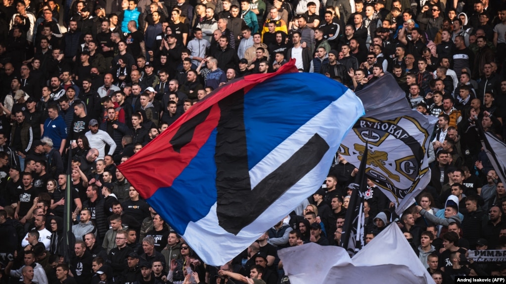 Partizan supporters wave a Serbian flag with the letter Z -- a symbol of support for Russian military action in Ukraine -- during a match in Belgrade in April.