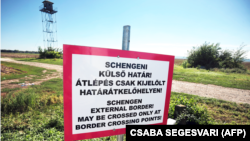 A sign at the Hungarian-Croatian border near the village of Sarok 