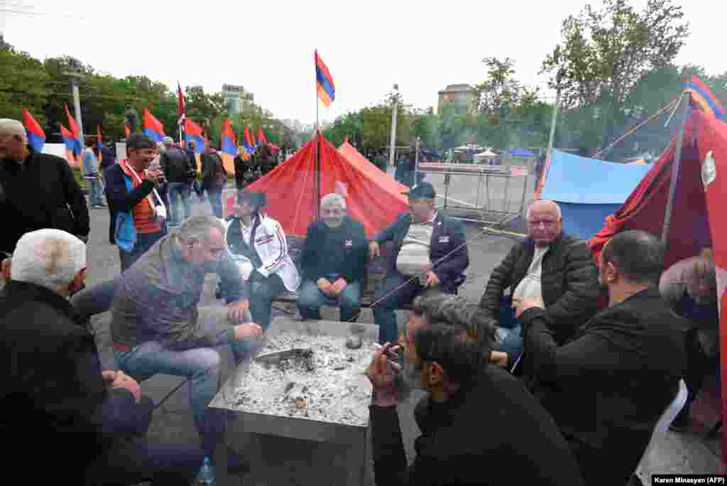 Demonstrators encamped in central Yerevan on May 3. Pashinian has also come under fire recently for the death of a pregnant woman who was killed after being struck by a car in his motorcade in April.&nbsp;