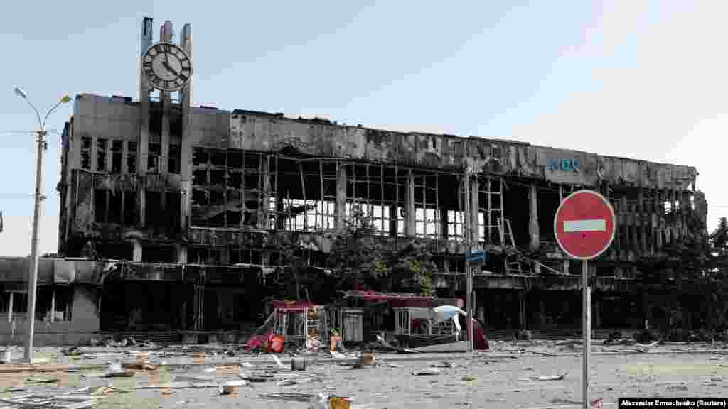 Mariupol's railway station in April 2022. The station is situated just one kilometer from the Azovstal factory, where Ukrainian fighters are making their last stand against pro-Russian forces in the city.&nbsp;