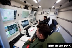 Turkish military drone pilots in a control room for a Bayraktar TB2 drone in Northern Cyprus in December 2019