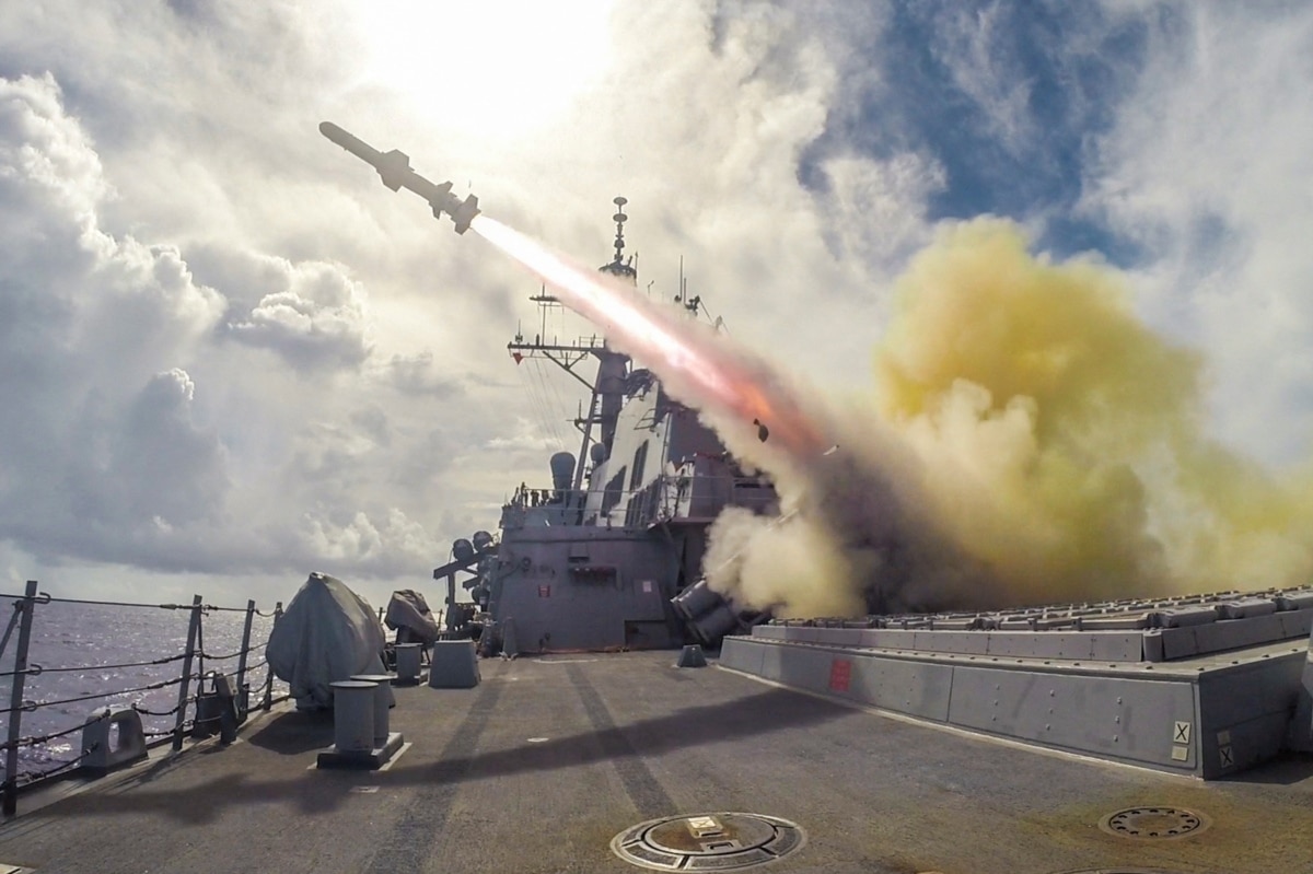 A Harpoon anti-ship missile is launched from the US Navy destroyer USS Fitzgerald during a live-fire exercise, 12 August 2025.