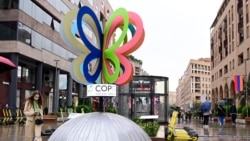 Branding of the 17th meeting of the Conference of the Parties (COP 17) to the Convention on Biological Diversity (CBD) decorates central Yerevan on October 15, 2026. (Photo by KAREN MINASYAN / AFP)