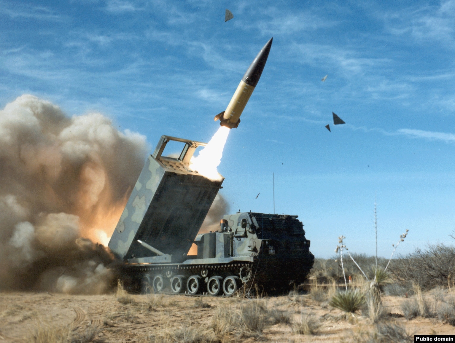 An ATACMS being fired from an M270 Multiple Launch Rocket System.