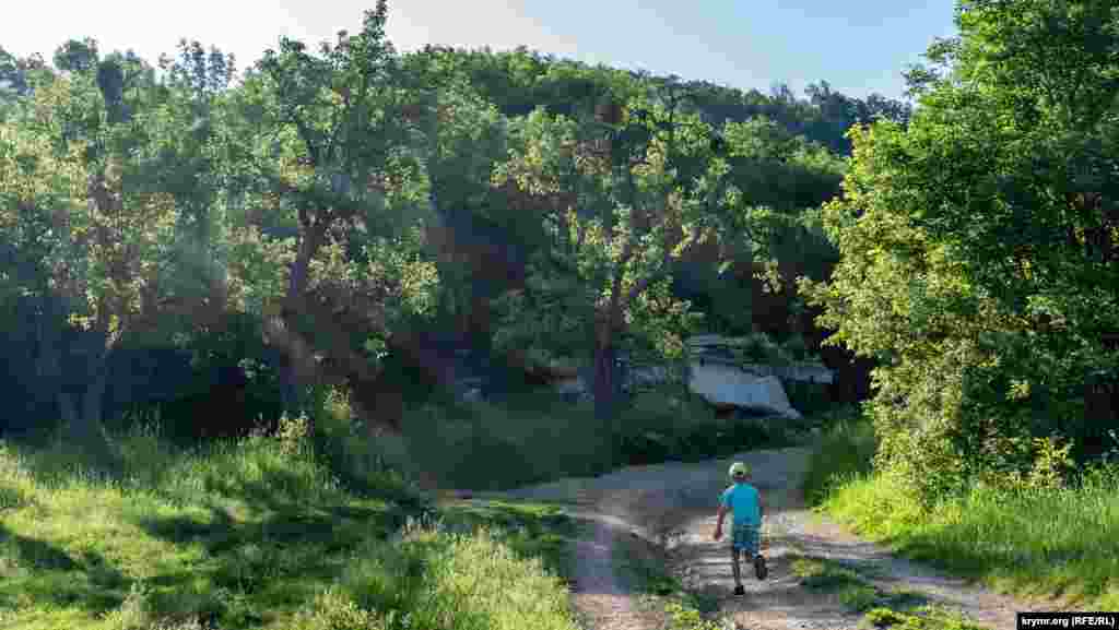 Мальчик из палаточного городка бежит по проселочной дороге к реке Егерлык-Су