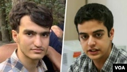 Ali Younesi (left) and Amirhossein Moradi were convicted in April of sabotaging public facilities, cooperating with opposition groups, and spreading propaganda against the system.