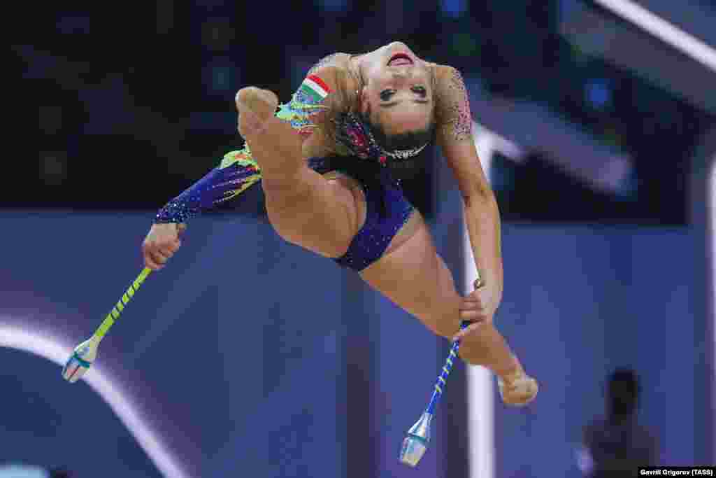 Rhythmic gymnast Szofia Bernat of Hungary performs her routine during the individual all-around event at the Divine Grace International Experimental Rhythmic Gymnastics Tournament at VTB Arena in Moscow.