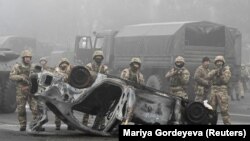 KAZAKHSTAN - Troops are seen at the main square in Almaty where hundreds of people were protesting against the government, January 6, 2022.