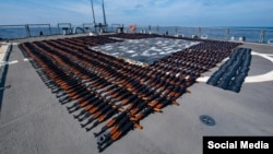 Ships from the U.S. Navy's 5th Fleet seized approximately 1,400 AK-47 assault rifles and 226,600 rounds of ammunition from a stateless fishing vessel in the North Arabian Sea