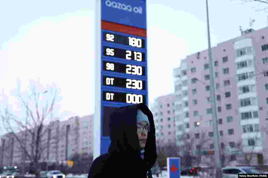 The price board at a gas station seen in Nur-Sultan on January 5. The issue of gas prices for liquefied petroleum gas is a critical issue for many Kazakhs as most cars in the west of the Central Asian country run on this fuel.&nbsp;